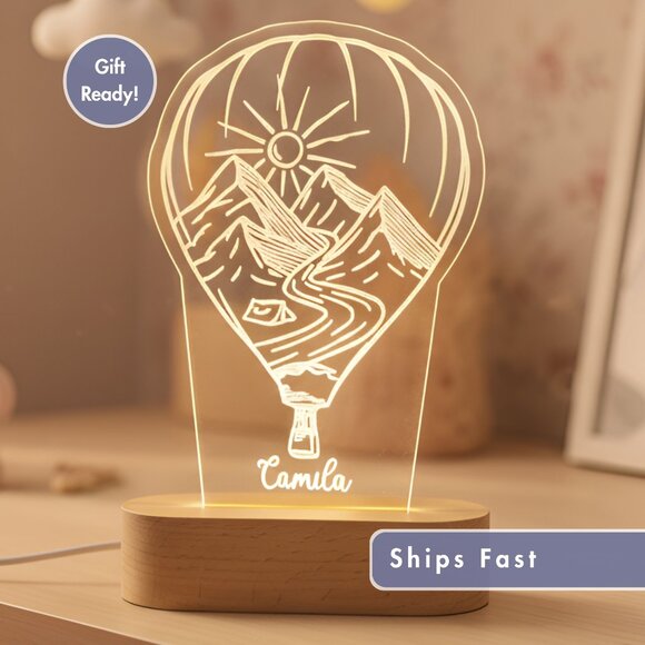 Mountain Hot Air Balloon Name Light • Personalized LED Cloud Decor • Baby Gift - Picture 1 of 8